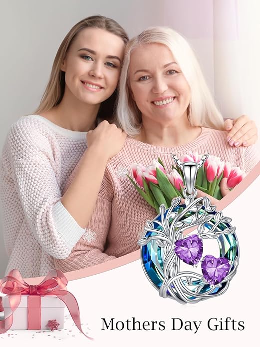 TOUPOP s925 Sterling Silver Family Celtic Tree of Life Pendant Necklaces with 2 Heart Birthstone with Blue Austrian Crystal Jewelry Birthday Valentines Day Gifts for Her, Anniversary Christmas Gifts for Wife Girlfriend Mom (18K Real White Gold Filled)