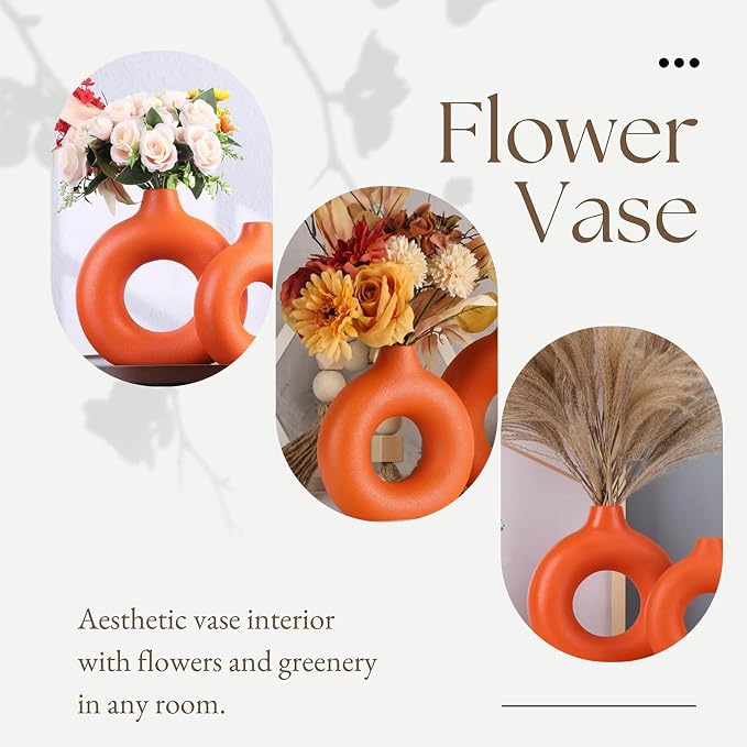 Orange Ceramic Donut Vase Set of 2, Hollow Round Matte Pampas Flower Vases - Image 5