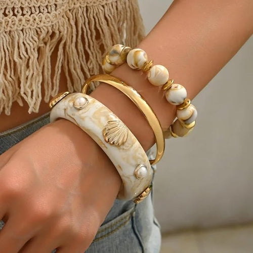 1 Set Bold Sea Inspired Multilayer Stackable Bracelet With Shell Waved Design Lightweight Resin Iron Jewelry For Women