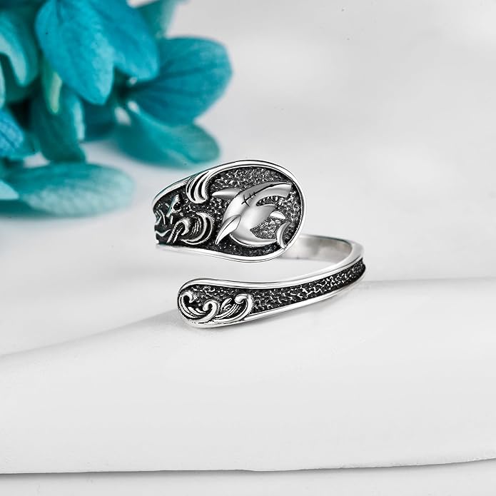 Spoon Rings 925 Sterling Silver Adjustable Hummingbird/Shark/Daisy/Tree Of Life/Dragonfly/Witches Knot/Sea Turtle Ring Thumb Rings Birthday Jewelry Gifts for Women Mother
