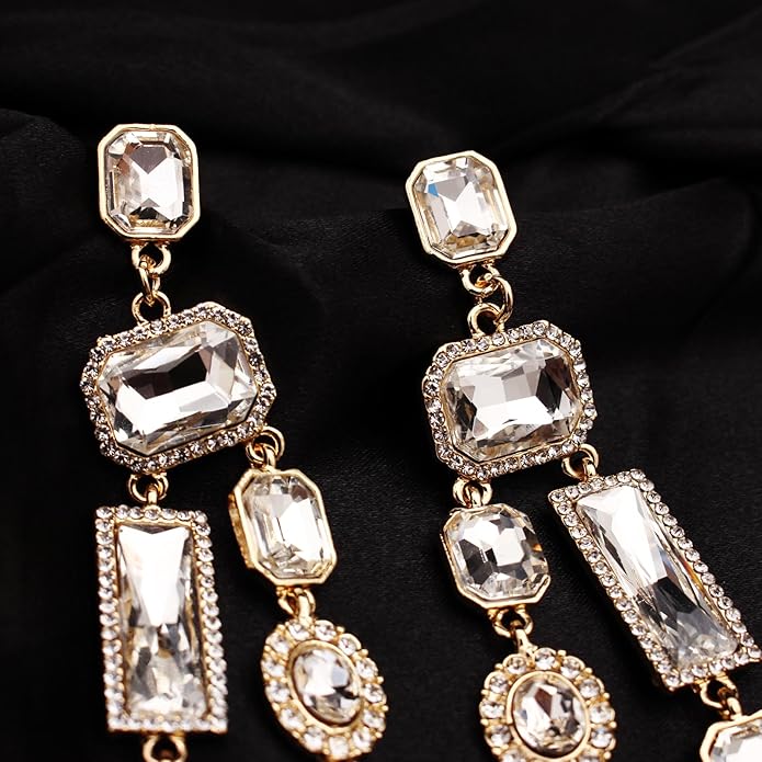 Vintage Rectangle Teardrop Chandelier Earrings, Art Deco Wedding Austrian Crystal Drop Dangle Earrings for Women Party Prom