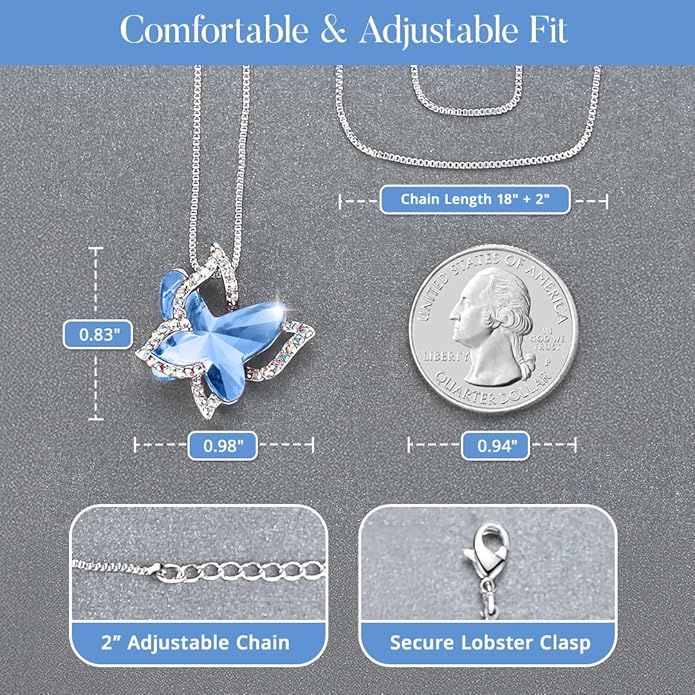 Valentine's Day Gift Butterfly Birthstone Crystal Necklace, Silver Tone with 18”+2” Chain, Necklace for Mother’s Day Anniversary Birthday Gifts for Women and Daughter