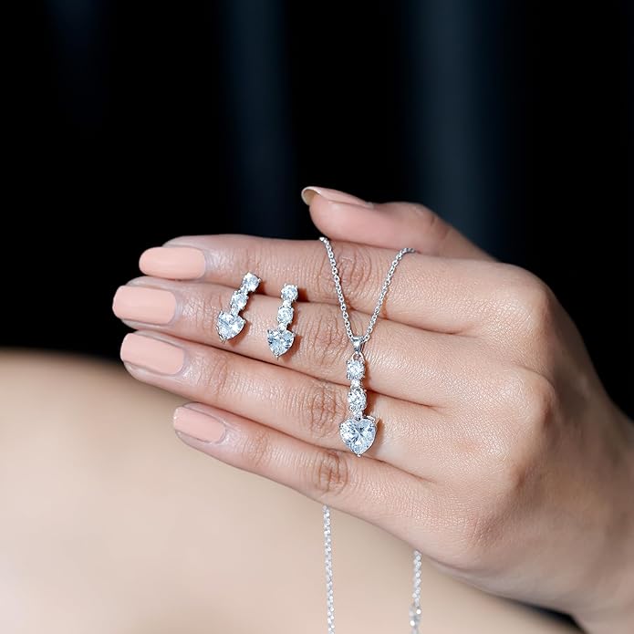 Certified Cubic Zirconia Necklace and Earrings Set in Silver, AAAAA Quality, CZ Diamond Bridal Jewelry Set - Valentines Day Gift