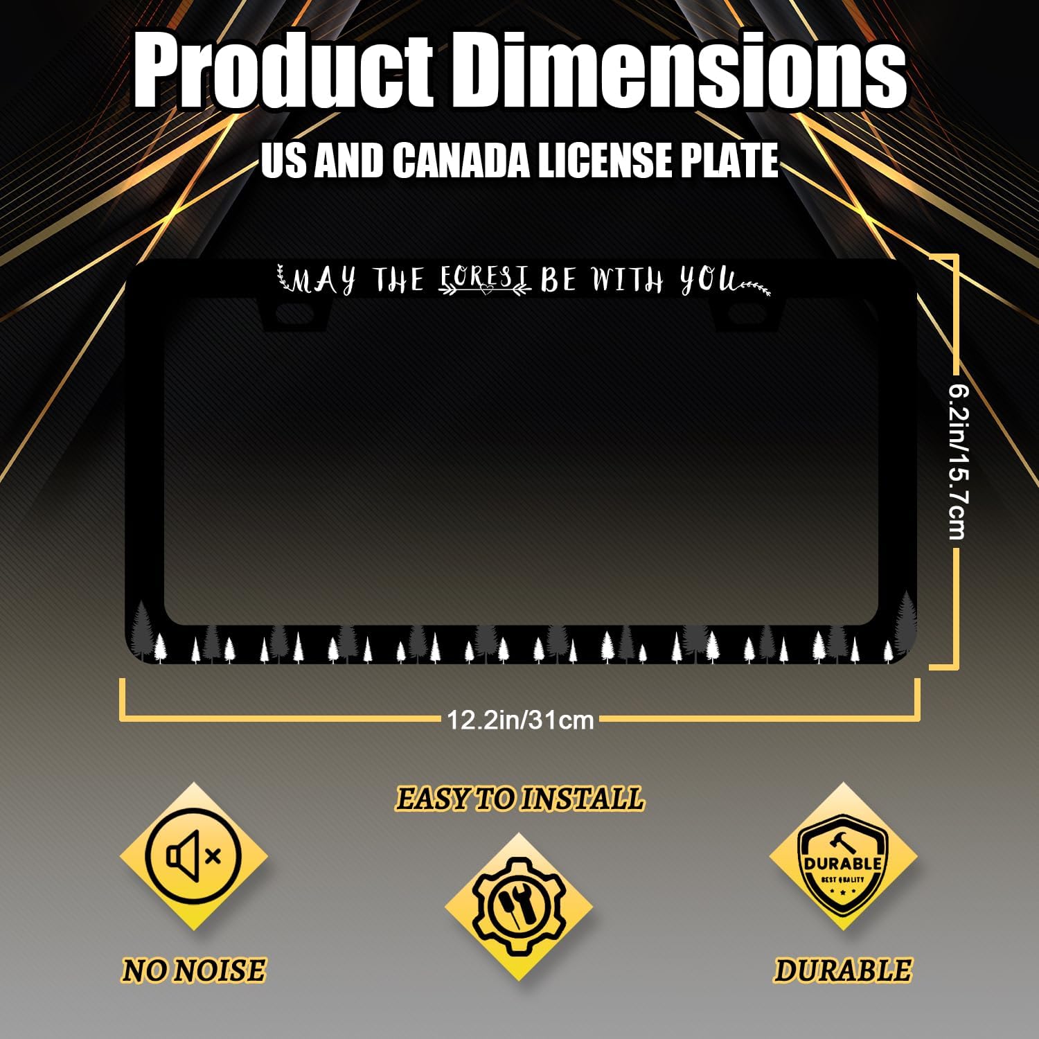 May The Forest Be with You License Plate Frame Funny Text License Plate Holder for Personalized Car Decorative Stainless Steel Forest License Plate Auto Part with Screws 12.2" x 6.2"