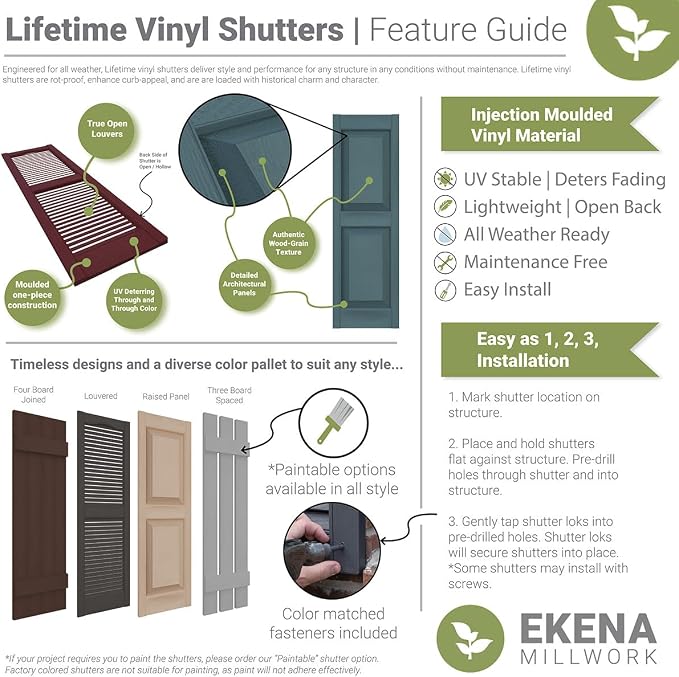 12"W x 71"H Lifetime Vinyl, Standard Two Equal Panels, Raised Panel Shutters - Image 10
