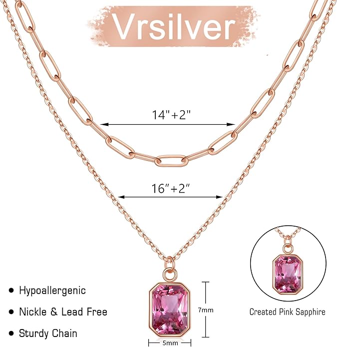 Layered Birthstone Necklace for Women Girls, 14K Gold-Plated Paperclip Chain Choker Necklace with Rectangle Birthstone Pendant Birthday Gifts for Women Girls Dainty Small