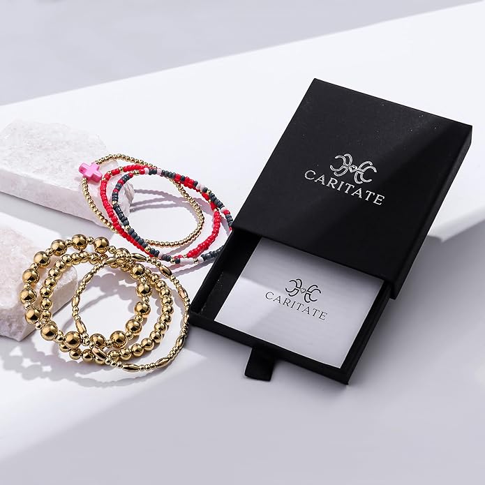 Gold Bracelets for Women Waterproof, 14K Gold Plated Beaded Cross Bracelets Set,Boho Stretch Bracelets Stackable Jewelry for Women Teenage Girls Jewelry Christmas Gifts