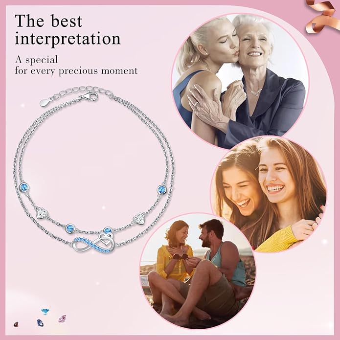 S925 Sterling Silver Infinity Heart Ankle Bracelet Endless Love Symbol Charm Adjustable Jewelry Summer Beach Stylish Gifts for Mom Wife Women