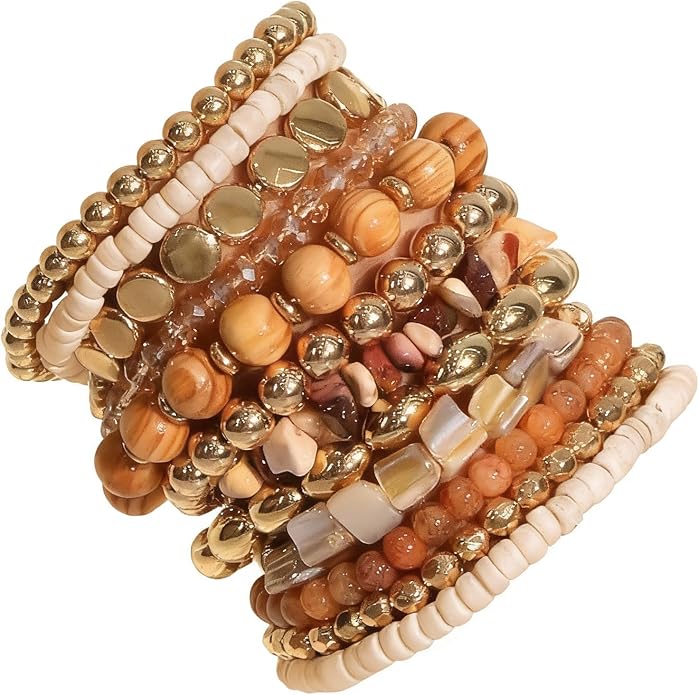 iF YOU 12 Pcs Boho Beaded Bracelets for Women, Brown Orange Bohemian Stackable Gold Bead Stretch Bracelets Stack Jewelry Gift