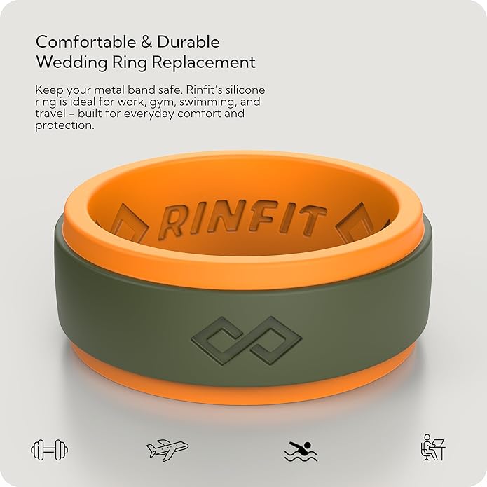 Rinfit Silicone Rings for Men 9mm Wide, 2mm Thick - Mens Rubber Wedding Bands - Infinity Ring with 2 Layers - Patented Design