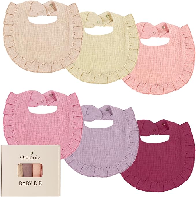 Oiomniv Muslin Baby Bibs, 6-Pack Bandana Drool Bibs Soft Cotton Adjustable Unisex Newborn, Toddler for Drooling Teething