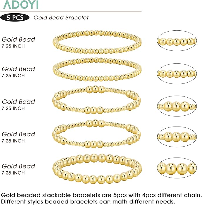 adoyi Valentines Day Gifts for Her Gold Bracelets for Women Waterproof, 14K Gold Plated Beaded Strand Bead Ball Bracelets stack Adjustable Jewelry Set for Gifts
