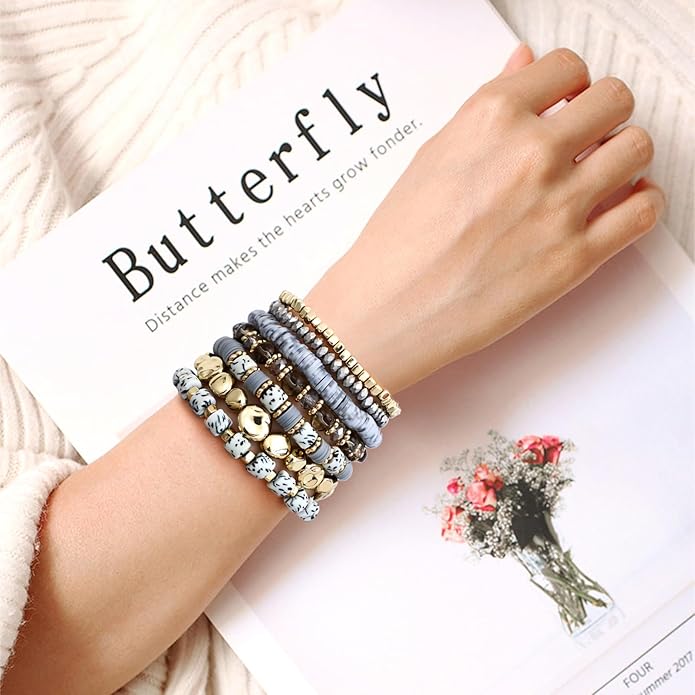 GOOJIDS Surfer Heishi Clay Bead Bracelets for Women Bohemian Stackable Gold Plated Beaded Stretch Bracelets Elastic Layering Friendship Bracelets Set Boho Jewelry