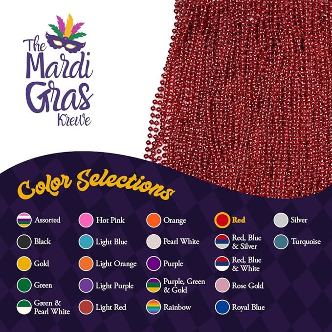 THE MARDI GRAS KREWE - Beads Necklaces Mardi Gras 72 Pack, 6 Dozen 33" 7mm - Party Favors, Parades, Bulk Decorations, Costumes, Festivals, Events - Red
