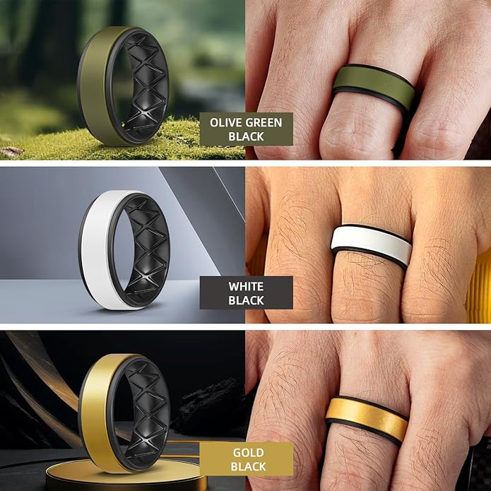 Egnaro Silicone Rings for Men 1/4/5/6/7 Multipack of Breathable Mens Silicone Rubber Wedding Rings Bands - Step Edge