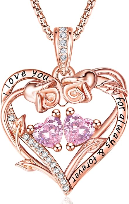 Rose Heart Necklaces for Women, Rose Gold Forever Love Jewelry with 2 Birthstones Pendant,Valentines Anniversarry Birthday Gifts for Her Wife Mom Grandma Daughter, 18+2 Inch Chain