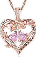 Rose Heart Necklaces for Women, Rose Gold Forever Love Jewelry with 2 Birthstones Pendant,Valentines Anniversarry Birthday Gifts for Her Wife Mom Grandma Daughter, 18+2 Inch Chain