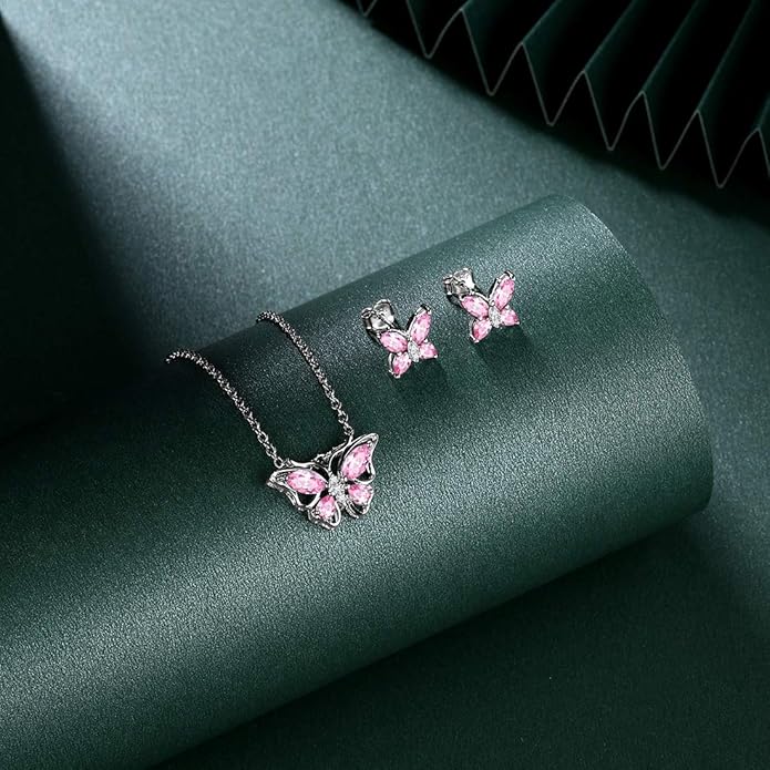 925 Sterling Silver Birthstone Butterfly Jewelry Women Crystal Animal Cute Butterflies Birthday Necklace/Earring/Ring/Bracelet Sets Birth Stone Statement Anniversary Jewellery