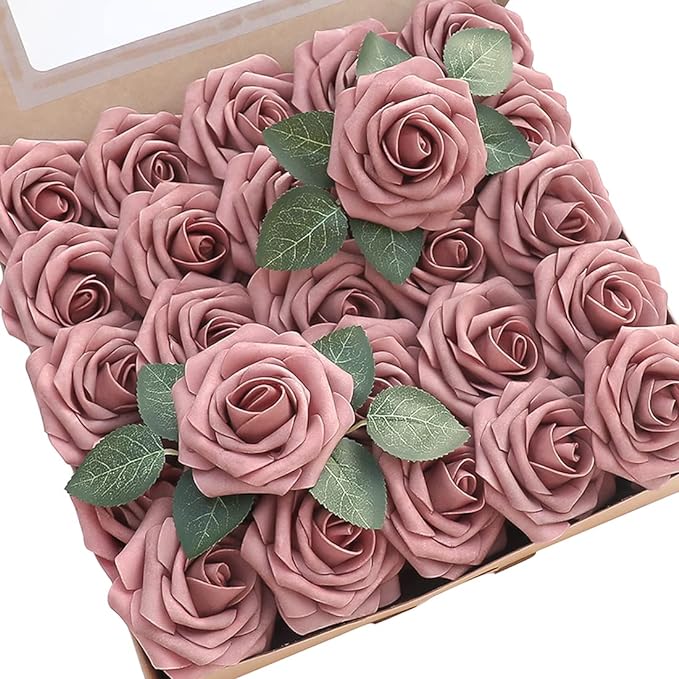 Artificial Flowers 50pcs Real Looking Dusty Rose Foam Fake Roses by Floroom