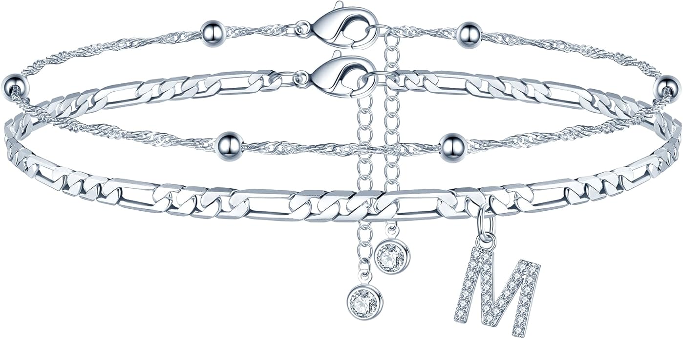 Ursteel Ankle Bracelets for Women, 14K Gold Plated Dainty Layered Chain CZ Initial Anklets Summer Jewelry Gifts for Women