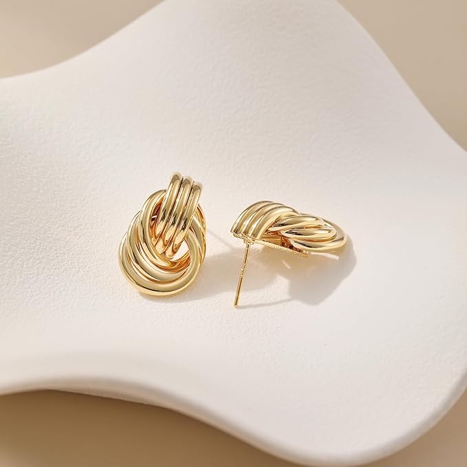 Gold Plated Chunky Gold Earrings for WomenKnot Link Circle Statement Drop Dangle Earrings Studs Trendy Jewelry