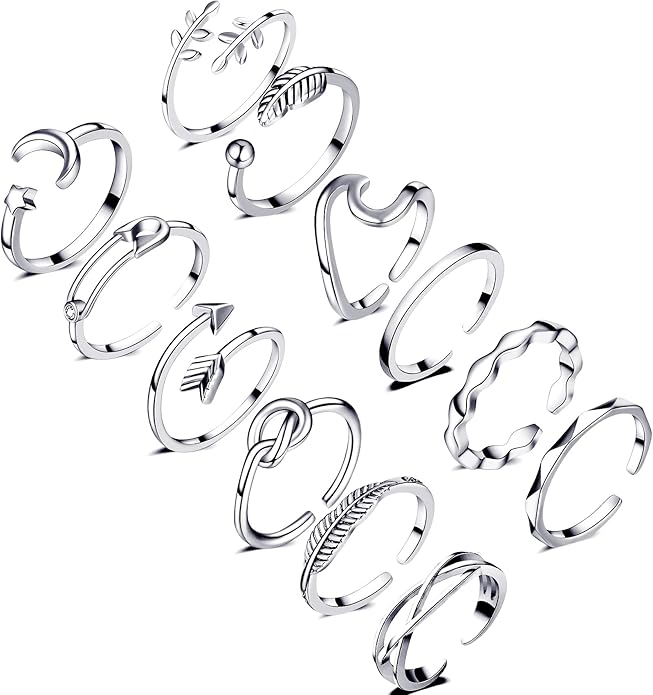 Honsny 12PCS Silver Plated Rings Adjustable Open Rings for Women Cute Gold Plated Stackable Thumb Rings Joint Chain Midi FingerArrow Knot Wave Band Rings Set