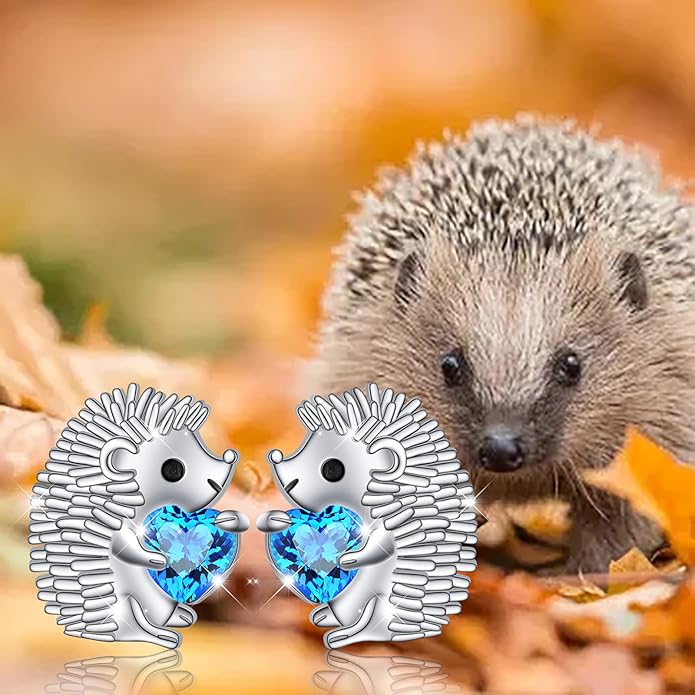 FLYOW 925 Sterling Silver Cute Animal Heart CZ Hedgehog Pendant Necklace and Stud Earrings Bracelet Set for Women Birthday Jewelry
