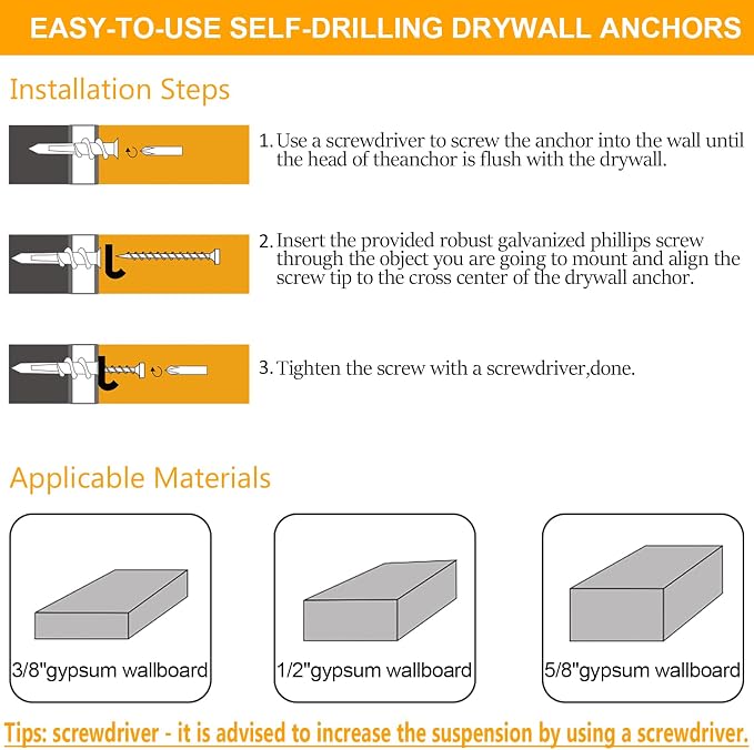 Self Drilling Drywall Anchors Assortment Kit, Curtain Rods, Art Hanging - Image 9