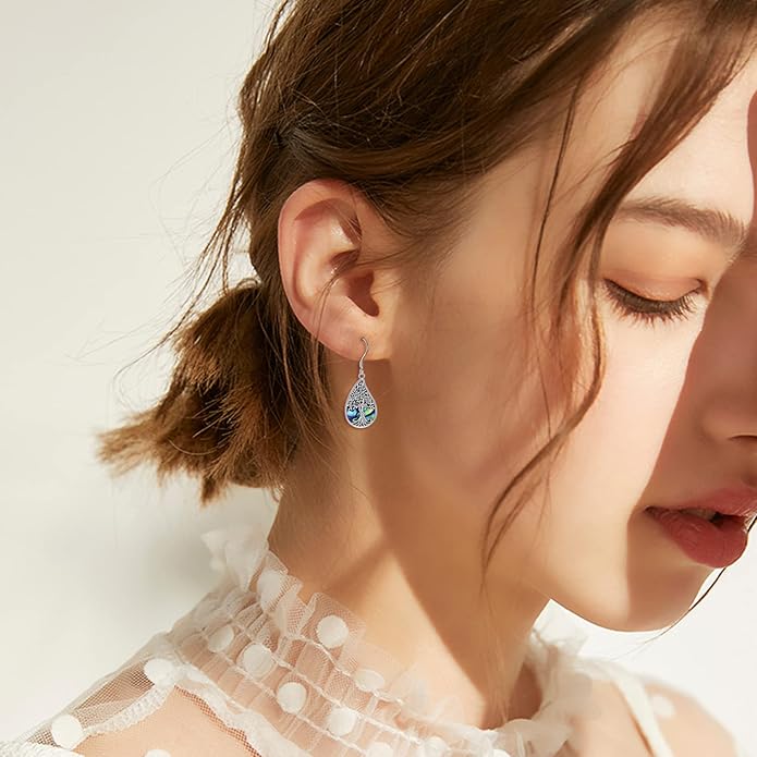 Tree of Life Earrings Sterling Silver Celtic Tree of Life Abalone Shell Dangle Drop Earrings for Women Jewelry
