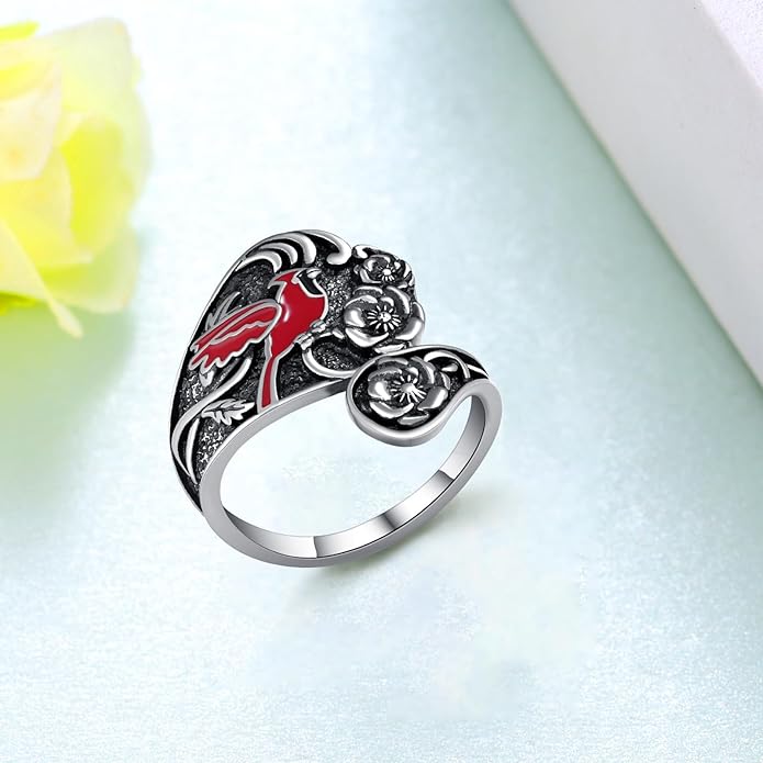 Spoon Rings for Women 925 Sterling Silver Hummingbird/Butterfly/Bee/Red Cardinal/Pink Flamingo Adjustable Thumb Rings Vintage Boho Antique Jewelry Gifts