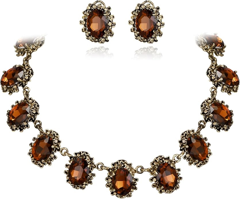 BriLove Victorian Style Statement Necklace Pierced Earrings Jewelry Set for Women Crystal Floral Cameo Inspired Oval Jewellery for Party Prom