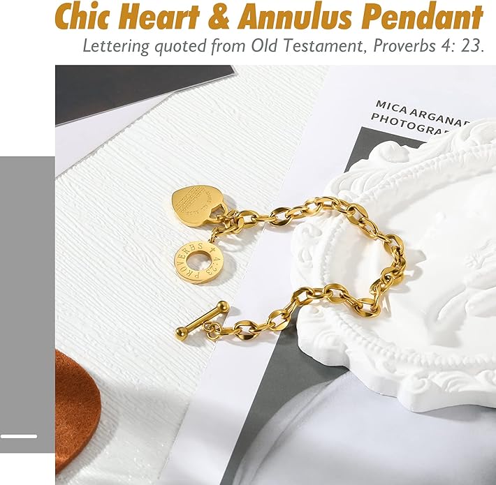Emibele Heart Charm Bracelet for Women, Bible Verse Bracelet Stainless Steel 18K Gold Plated Bracelet Love Pendant Link Chain OT Clasp, Birthday Christmas Jewelry Gift for Mother Her