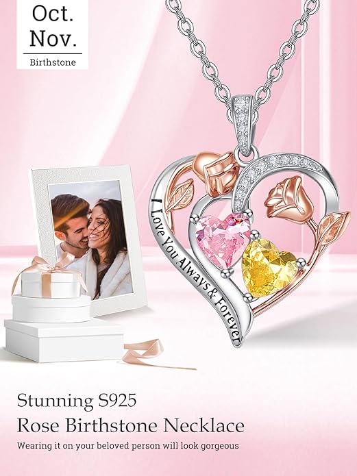 Valentine's Day Gifts for Wife 925 Sterling Silver Double Birthstone Pendant Necklaces I Love You for Always and Forever Necklace Anniversary Birthday Gifts for Wife Girlfriend Mom Her