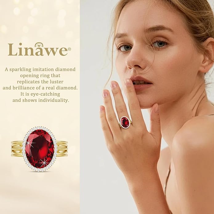 Linawe Birthstone Chunky Adjustable Rings for Women, Gold/Silver/Rose Gold Statement Rings, Imitation Diamond Fake Gemstone Crystal Cocktail Ring, Cubic Zirconia Costume Jewelry