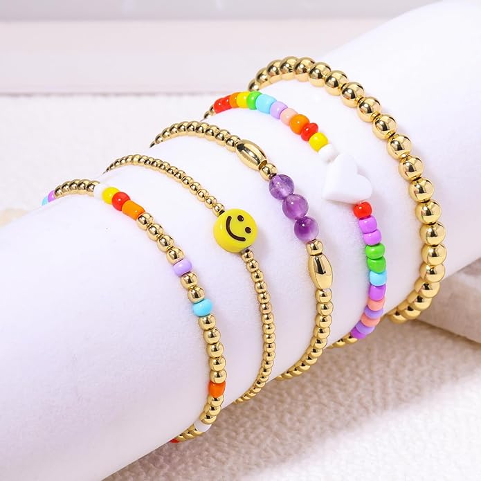 Gold Bracelets for Women Waterproof, 14K Gold Plated Beaded Cross Bracelets Set,Boho Stretch Bracelets Stackable Jewelry for Women Teenage Girls Jewelry Christmas Gifts