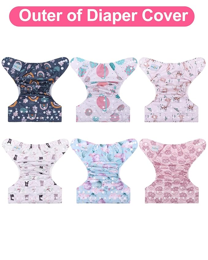 babygoal Cloth Diaper Covers 6 Pack with Wet Bag for Fitted Diapers and Prefolds with Double Gussets, Adjustable and Reusable for Baby Girls 6DCF16-B