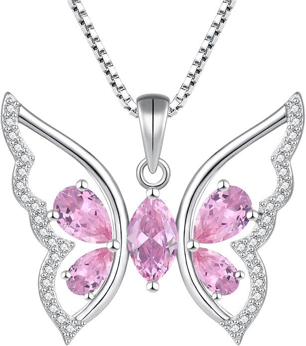 YL Women's Butterfly Necklace 925 Sterling Silver Flower Rose Pendant Birthstone Halo Jewelry