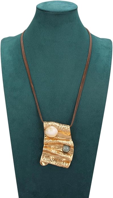 GelConnie Leather Necklace for Women Large Pendant Long Brown Necklace Circle Leather Choker Vintage Sweater Necklace Gold Chunky Boho Necklaces for Women