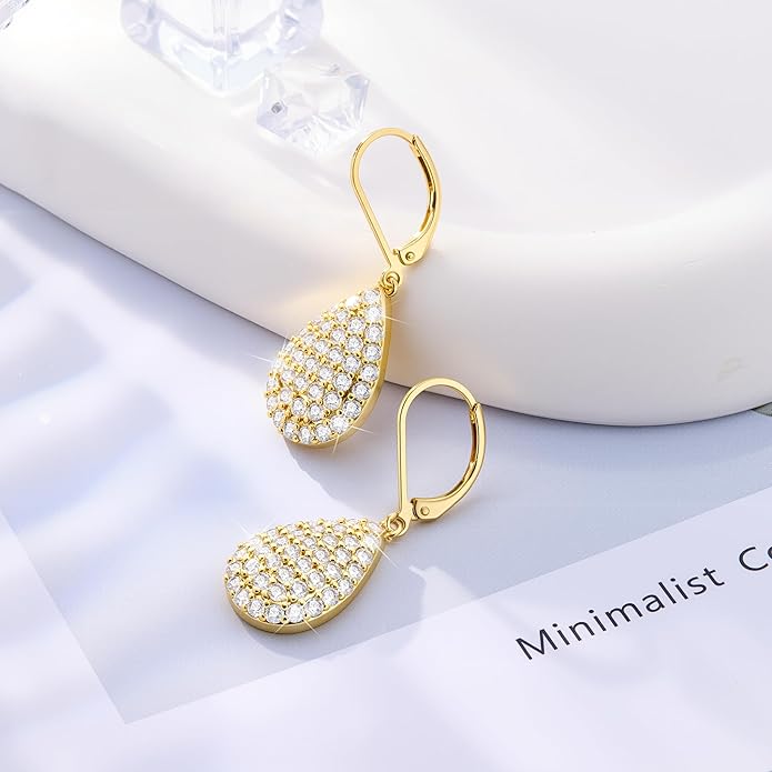ALEXCRAFT 925 Sterling Silver Dangle Earrings, 14K Gold Plated Heart Waterdrop Earring for Women Trendy Hypoallergenic Leverback Earings Wedding Cubic Zirconia Dangle Earrings Jewelry for Women