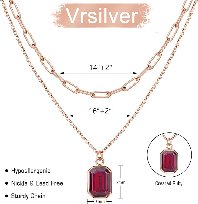 Layered Birthstone Necklace for Women Girls, 14K Gold-Plated Paperclip Chain Choker Necklace with Rectangle Birthstone Pendant Birthday Gifts for Women Girls Dainty Small