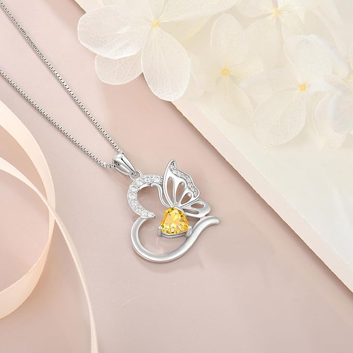 Butterfly Necklace for Women 925 Sterling Silver Heart Pendant Birthstones Jewelry Gift