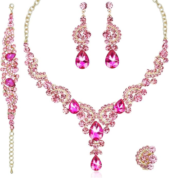 CSY Elegant Crystal Necklace Earrings Bracelet Ring Bridal Wedding Party Costume Jewelry Sets for Brides Women