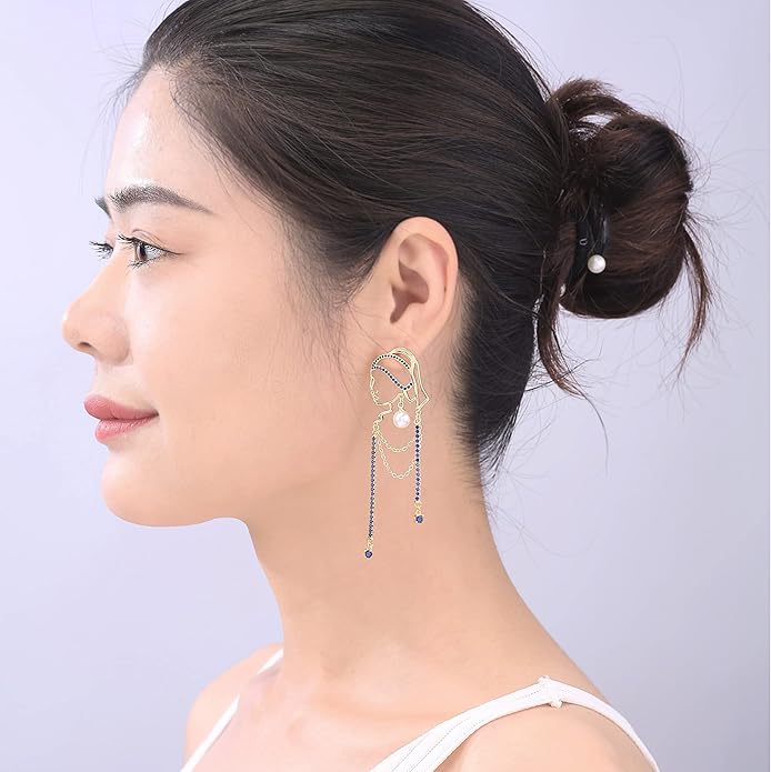 Unique Abstract Face Art | Dangle Statement Long Earrings for Women | Rhinestone Tassel Handmade Chandelier Earrings