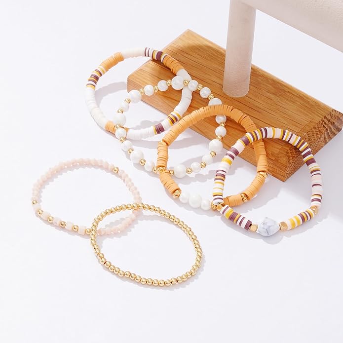 Heishi Beaded Stretch Bracelets for Women Stackable Polymer Clay Beads Bracelets Friendship Boho Summer Beach Bracelet Jewelry Set