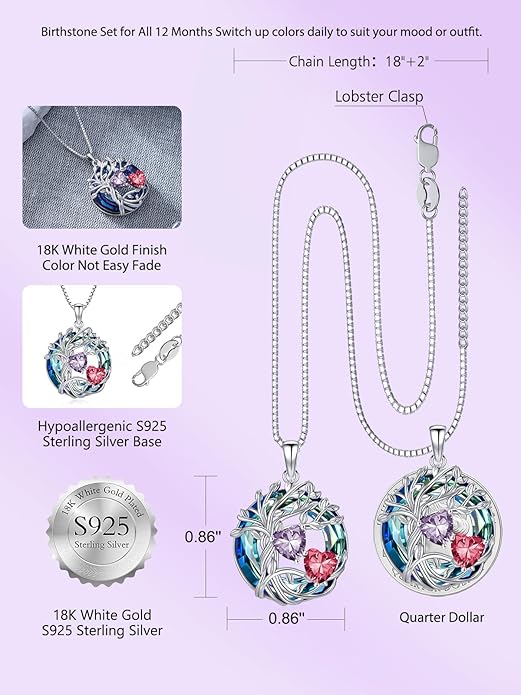 TOUPOP s925 Sterling Silver Family Celtic Tree of Life Pendant Necklaces with 2 Heart Birthstone with Blue Austrian Crystal Jewelry Birthday Valentines Day Gifts for Her, Anniversary Christmas Gifts for Wife Girlfriend Mom (18K Real White Gold Filled)