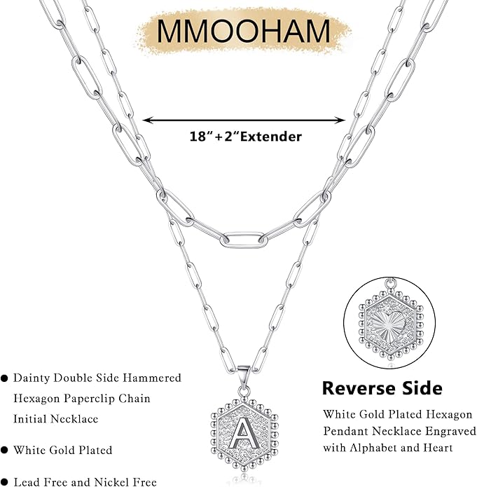 M MOOHAM Valentines Gifts for Women Teen Girls, 14K-Gold-Plated Initial Necklaces for Women Cute Hexagon Letter Initial Necklace Layered Necklaces for Womens Teen Girl Valentines Jewelry Gifts
