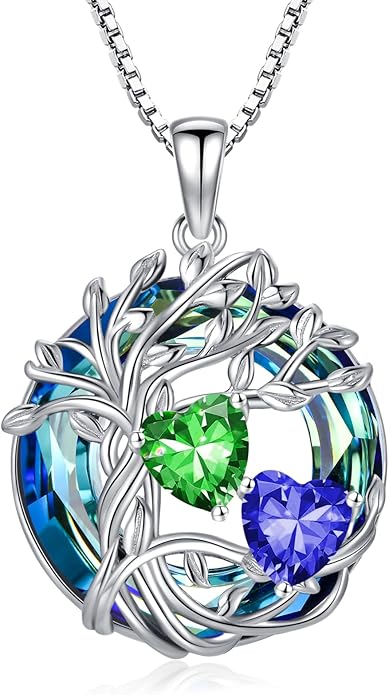 TOUPOP s925 Sterling Silver Family Celtic Tree of Life Pendant Necklaces with 2 Heart Birthstone with Blue Austrian Crystal Jewelry Birthday Valentines Day Gifts for Her, Anniversary Christmas Gifts for Wife Girlfriend Mom (18K Real White Gold Filled)