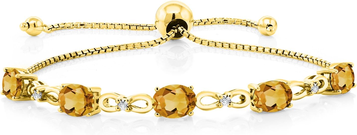 Gem Stone King 7X5MM Oval Cut Gemstone Birthstone and Accent Lab Grown Diamond Tennis Bracelet For Women In 18K Yellow Gold Plated Silver | Adjustable Bolo Bracelet For Women | Easy-On Easy-Off