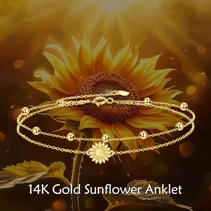 KECHO 14k Yellow Gold Butterfly/Dragonfly/Frog/Sunflower/Daisy/Tree of life/Moon/Clover Bracelet Anklet for Women