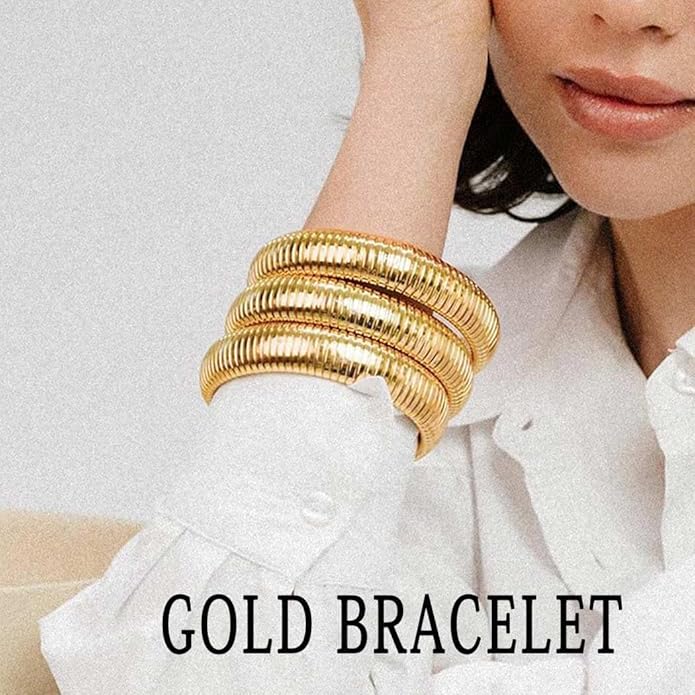 Gold Bangles for Women Chunky Bracelets Gold Plated Wide Ribbed Design Bangle Jewelry
